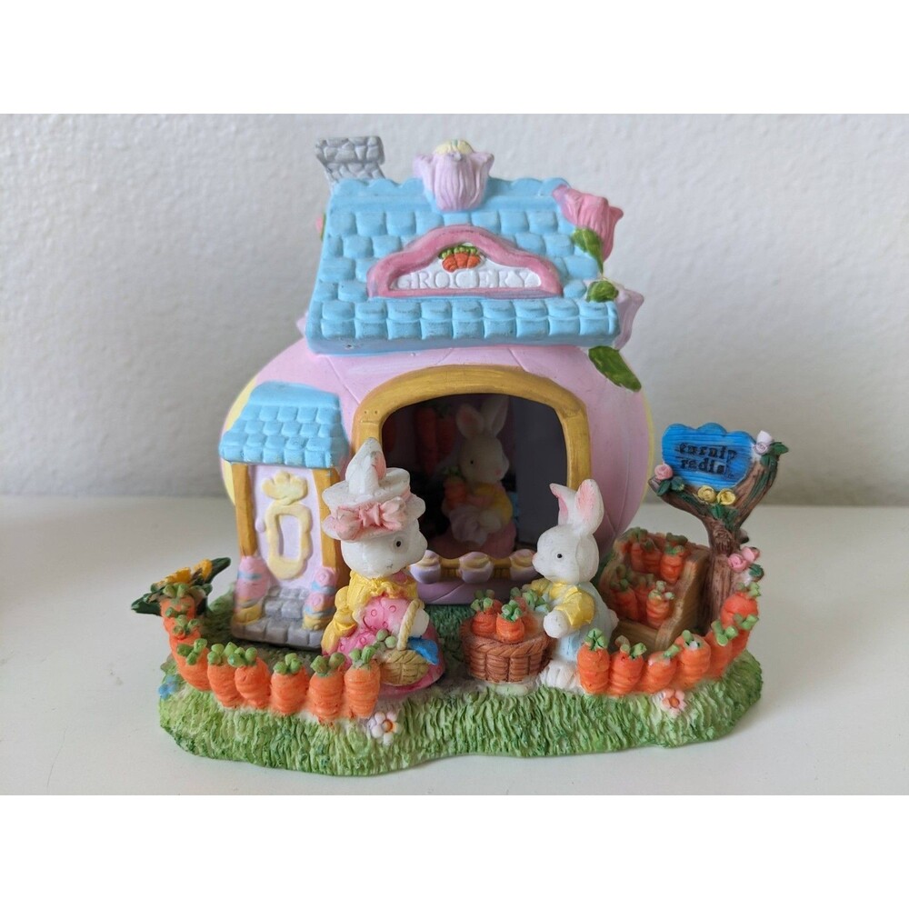 Easter Village Decor Bunny Rabbit Egg Shape Grocery Store 5.5” Long Resin Scene